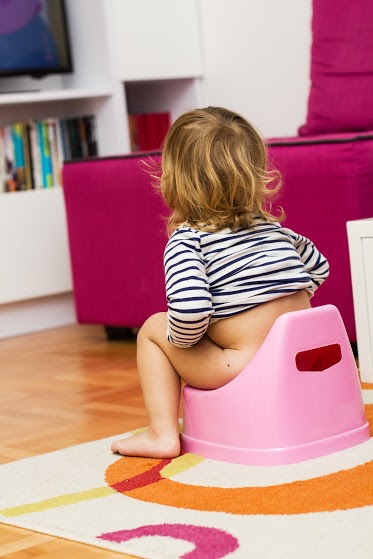 Little girl sitting on the potty at home. gentle potty coach
